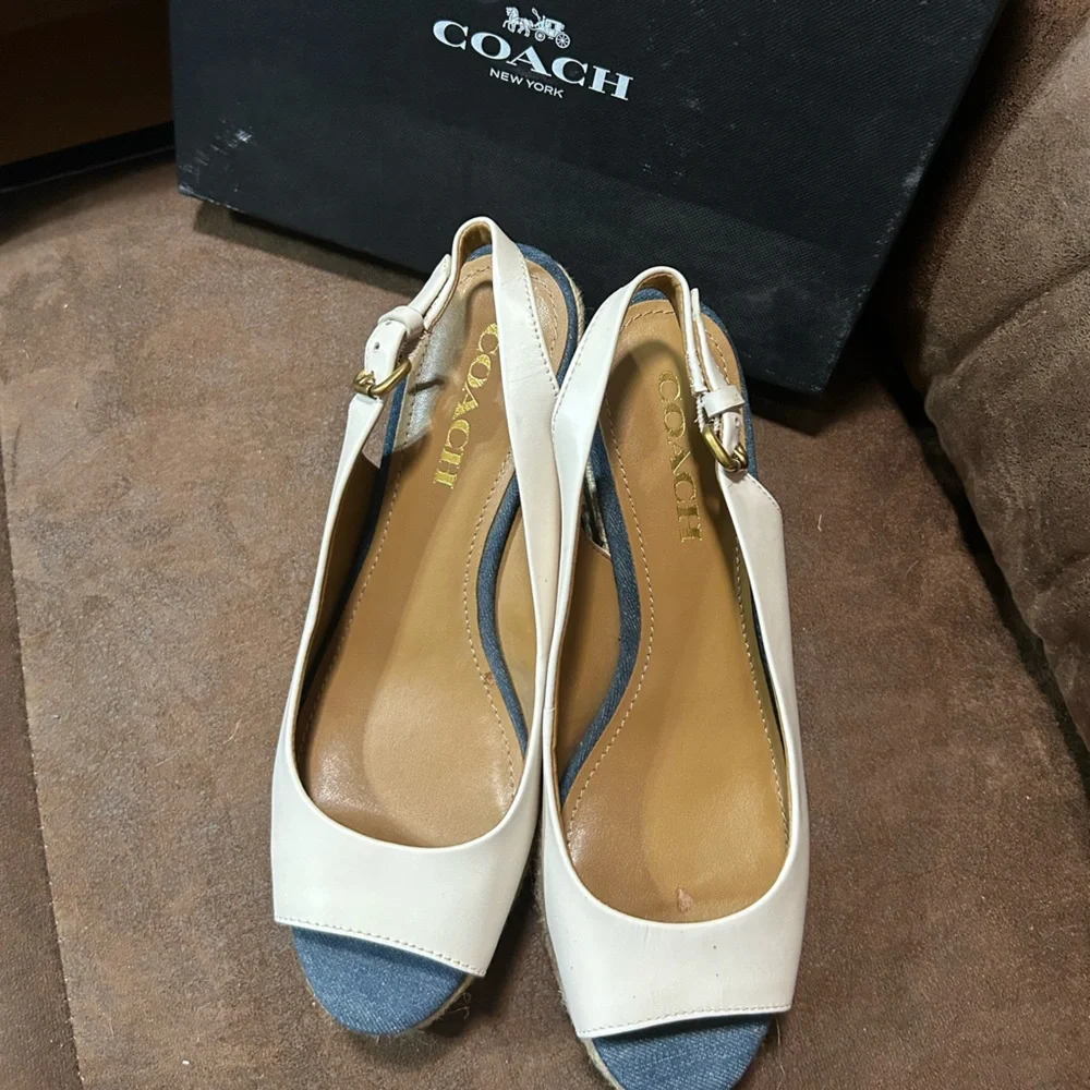 Coach Women's Cream and Blue Wedge Sandals - Picture 2 of 3